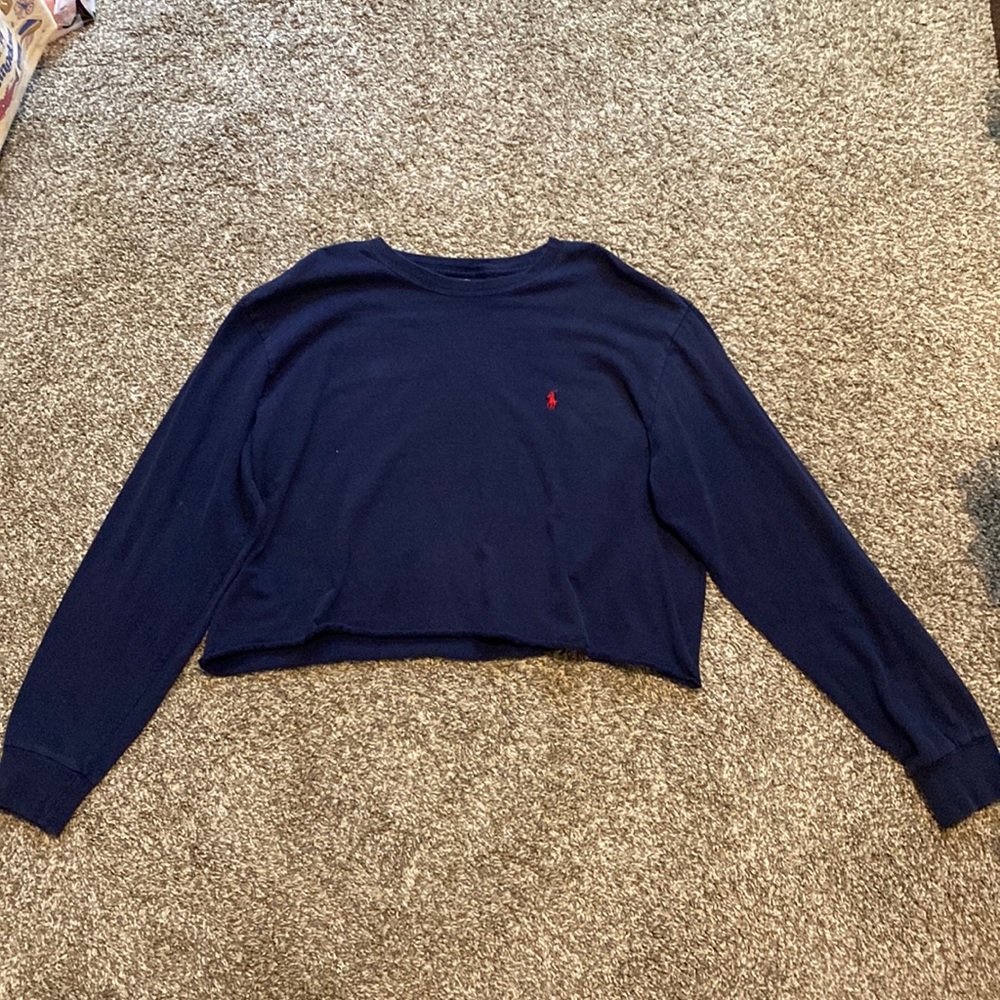 Dark navy blue slightly cropped Ralph Lauren long sleeve shirt.